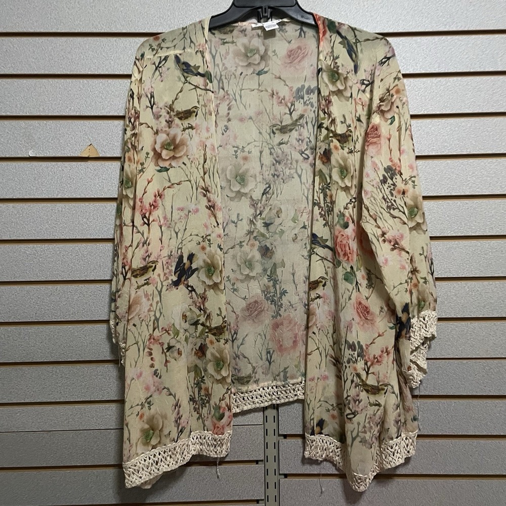 San Souri 2X XXL Sheer Kimono Yellow Floral Birds